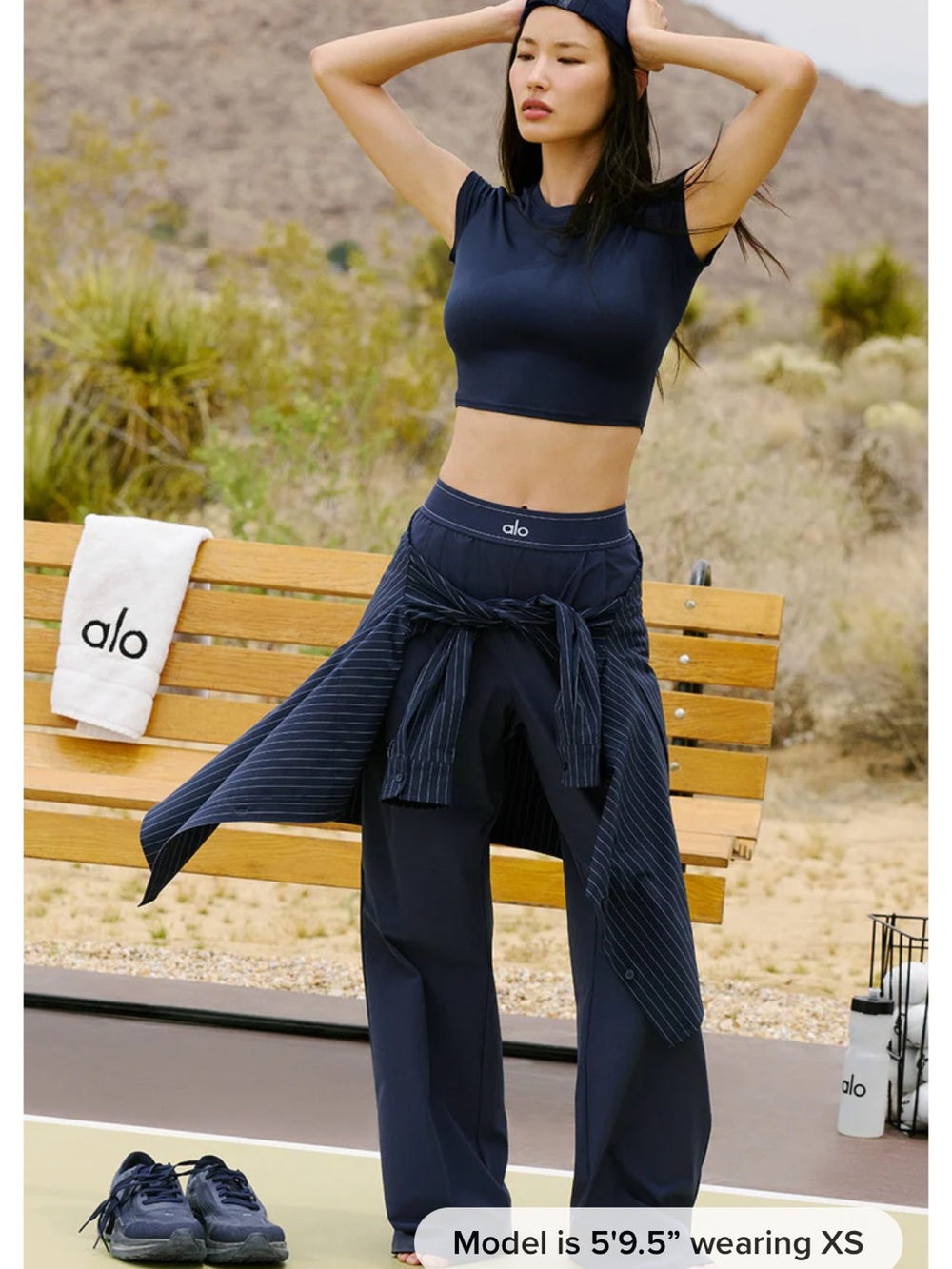 ALO Yoga Navy Suit Up Trouser Pants with Subtle Pinstripe Wrap